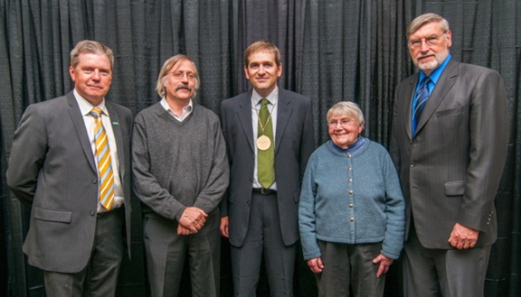 P-A Chairperson Wolfgang Bauer, Randy Cowen (the donor of the endowed chair), Matthew Comstock (the new holder of the chair), Elaine Cowen (Jerry Cowen's widow), CNS Dean Jim Kirkpatrick.