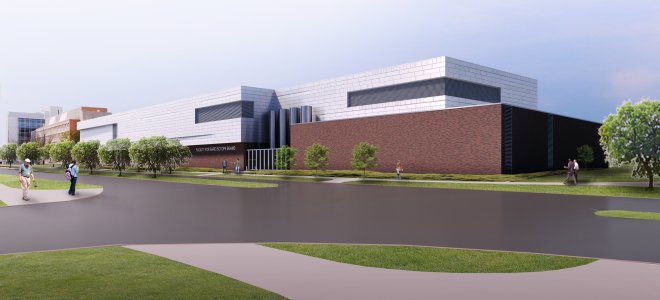 Artist's rendering of completed FRIB facility as seen from the corner of Wilson Road and Bogue Street